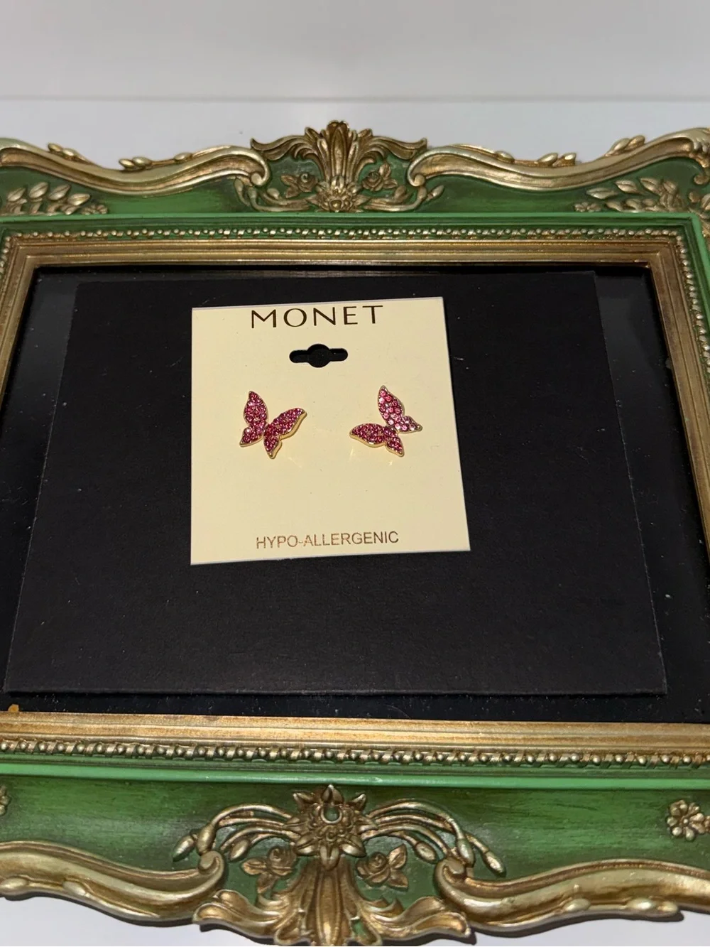 Monet Pink and Gold Butterfly Stud Earrings - Picture 1 of 3